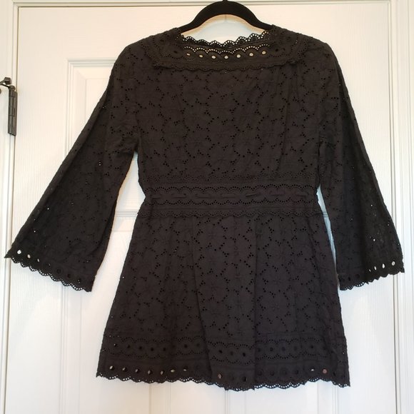Black Eyelet Tunic Top, Drawstring Waist, Button Front, Square neckline, Size S - Picture 3 of 5